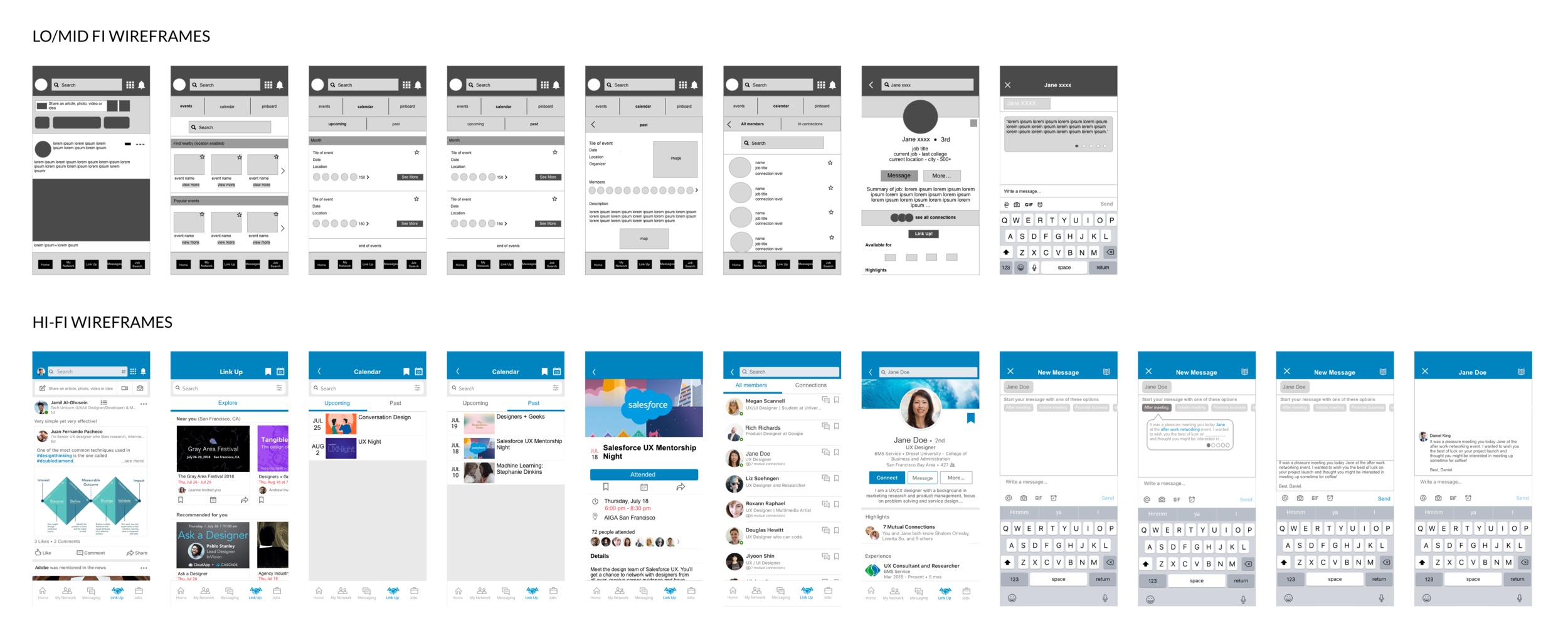 Messaging Flow Wireframe Progression